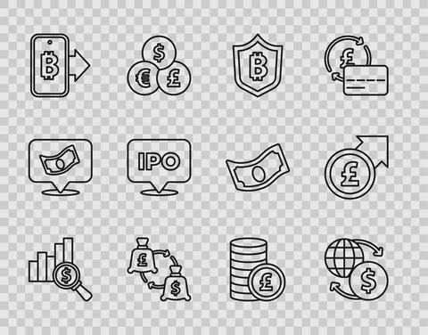 Set line Pie chart and dollar, Money exchange, Shield with bitcoin, Currency Stock Illustration