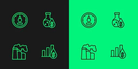 Set line Pie chart and dollar, Oil gas industrial factory, Motor gauge and 库存插图
