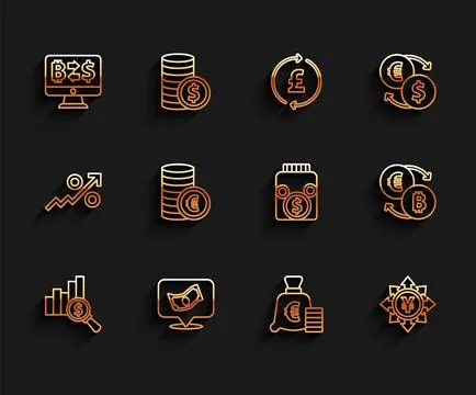 Set line Pie chart and dollar, Stacks paper money cash, Cryptocurrency exch.. イラスト素材