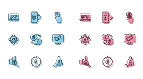 Set line Pie chart and dollar, Coin money with euro symbol, Cryptocurrency .. Stock Illustration