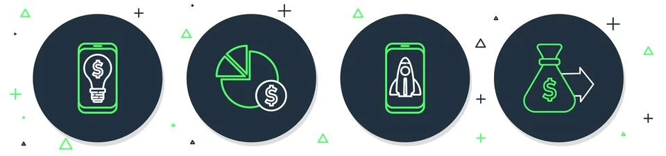 Set line Pie chart and dollar, Startup project concept, Light bulb with mob.. Stock Illustration