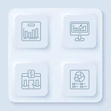 Set line Pie chart infographic, Computer with growth, Bank building and . White Ilustración de archivo