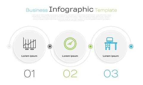 Set line Pie chart infographic, Clock and Computer monitor and desk. Business Ilustración de archivo