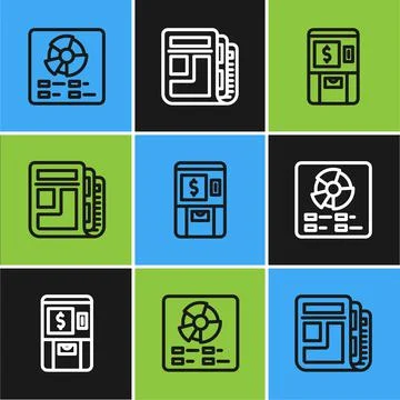 Set line Pie chart infographic, ATM and money and Stock market news icon. Vector Stock Illustration