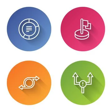 Set line Pie chart infographic, Flag, Arrow and . Color circle button. Vector Stock Illustration