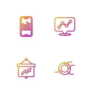 Set line Pie chart infographic, Board with, Mobile and Graph. Gradient color Stock Illustration