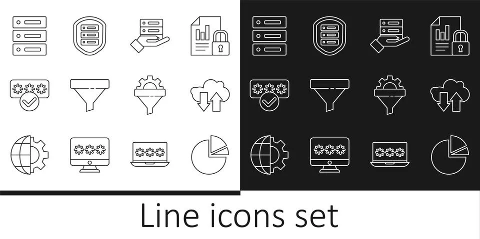 Set line Pie chart infographic, Cloud download and upload, Server, Data, Web Illustrazione stock