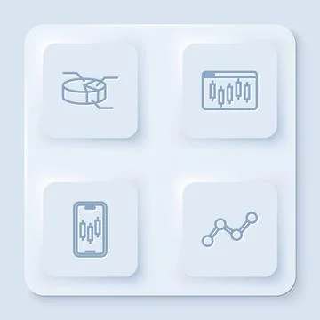Set line Pie chart infographic, Browser with stocks market, Mobile trading and Stock Illustration