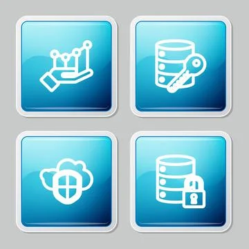 Set line Pie chart infographic, Server security with key, Cloud and shield and Illustrazione stock
