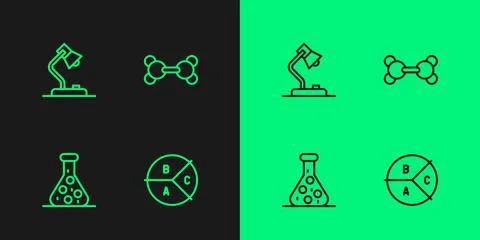 Set line Pie chart infographic, Test tube, Table lamp and Molecule icon. Vector Stock Illustration