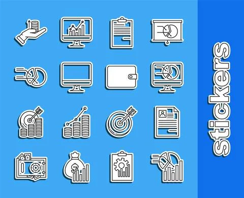 Set line Pie chart infographic, Resume, Computer monitor with, Document, screen イラスト素材