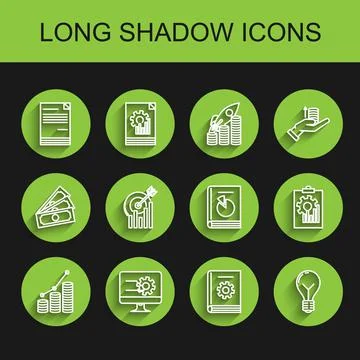 Set line Pie chart infographic and coin, Computer monitor with, Document, User 库存插图