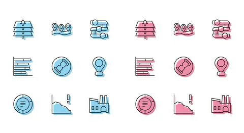 Set line Pie chart infographic, Financial growth decrease, Layers, Factory, Old イラスト素材