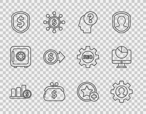 Set line Pie chart infographic and dollar, Human with gear inside, head question 스톡 일러스트
