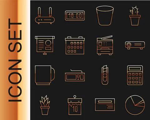 Set line Pie chart infographic, Calculator, Movie, film, media projector, Trash Illustrazione stock