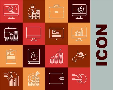 Set line Pie chart infographic, Money on hand, Computer monitor with, Briefcase Stock-Illustration