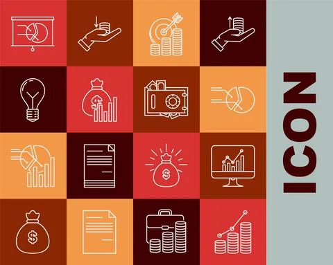 Set line Pie chart infographic and coin, Computer monitor with, Target symbol Illustrazione stock