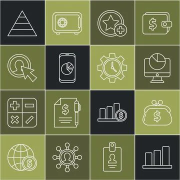 Set line Pie chart infographic, Wallet with dollar, Computer monitor, Star Illustrazione stock