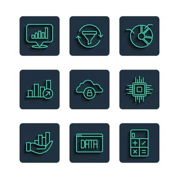 Set line Pie chart infographic, Data analysis, Calculator, Cloud computing lock Illustrazione stock