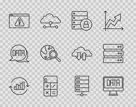 Set line Pie chart infographic, Data analysis, Server security with padlock Illustrazione stock