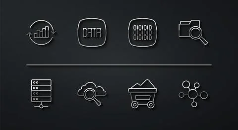 Set line Pie chart infographic, Server, Search with folder, Coal mine trolley Stockillustratie