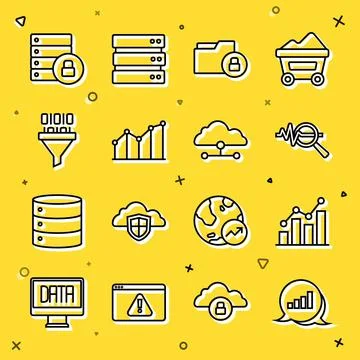 Set line Pie chart infographic, Search data analysis, Folder and lock, Binary Illustrazione stock