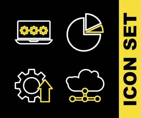 Set line Pie chart infographic, Network cloud connection, Arrow growth gear and Stock Illustration