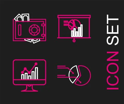 Set line Pie chart infographic, Computer monitor with, Board and Safe and money Illustrazione stock