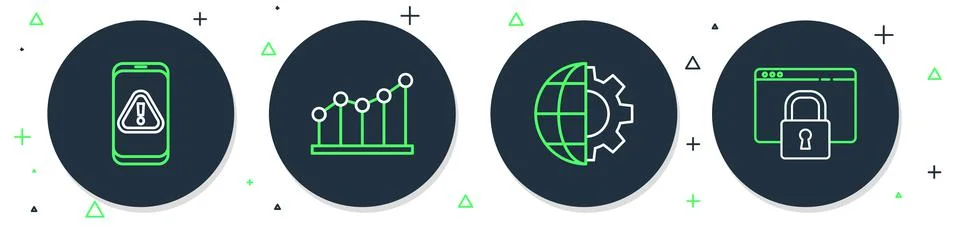 Set line Pie chart infographic, Globe of the Earth and gear, Mobile with Illustration