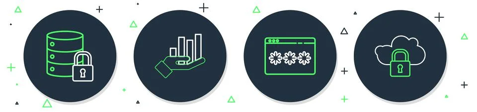 Set line Pie chart infographic, Password protection, Server security with lock Stock Illustration