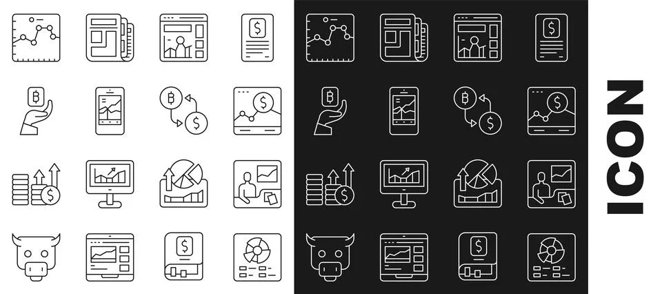 Set line Pie chart infographic, Trading courses, Website with growth, Mobile Stock Illustration