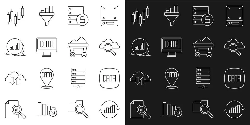 Set line Pie chart infographic, Data analysis, Search cloud computing, Server Stock Illustration