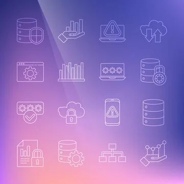 Set line Pie chart infographic, Server, Data, Web Hosting, security with lock 스톡 일러스트