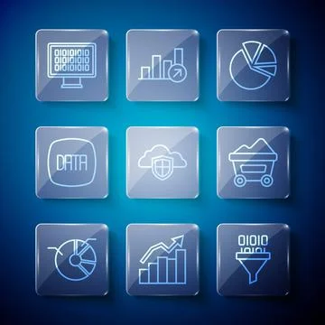 Set line Pie chart infographic, Financial growth, Binary code, Cloud and shie Stock Illustration