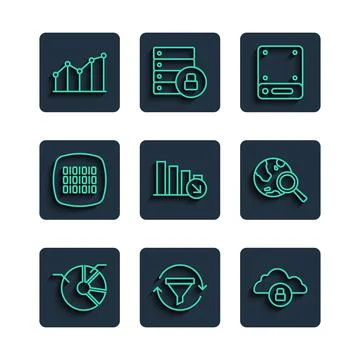 Set line Pie chart infographic, Sales funnel with, Cloud computing lock, Serv Stock Illustration