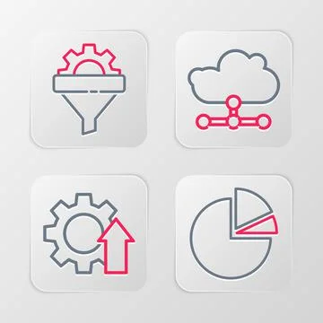 Set line Pie chart infographic, Arrow growth gear, Network cloud connection a Stock Illustration
