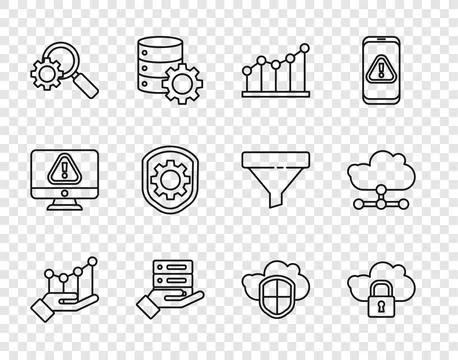 Set line Pie chart infographic, Cloud computing lock, Server, Data, Web Hosti Stock Illustration