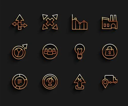 Set line Pie chart infographic, Digital speed meter, Arrow, Percent up arrow, Ilustración de archivo