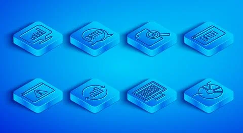 Set line Pie chart infographic, Data analysis, Document with, Binary code Illustrazione stock
