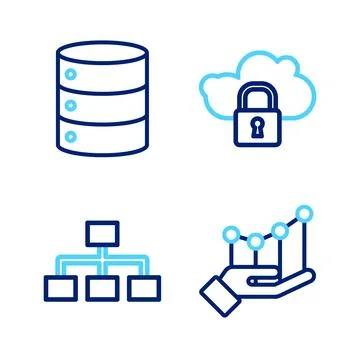 Set line Pie chart infographic, Hierarchy organogram, Cloud computing lock and 스톡 일러스트