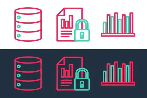 Set line Pie chart infographic, Server, Data, Web Hosting and Document and lock 스톡 일러스트