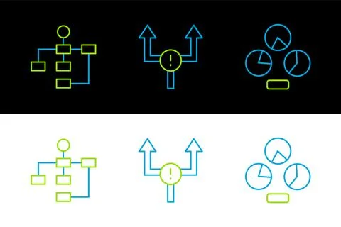 Set line Pie chart infographic, Hierarchy organogram and Arrow icon. Vector Stock Illustration