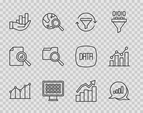 Set line Pie chart infographic, Sales funnel with, Binary code, Search folder Stock Illustration