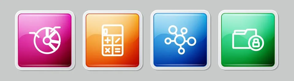Set line Pie chart infographic, Calculator, Mind map and Folder and lock Stock Illustration