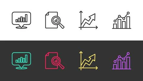 Set line Pie chart infographic, Document with, Financial growth and on black and 스톡 일러스트