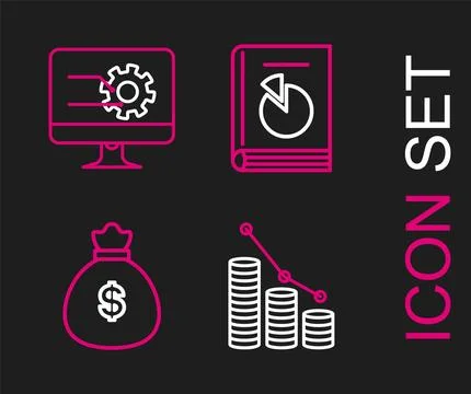 Set line Pie chart infographic and coin, Money bag, User manual and Computer イラスト素材