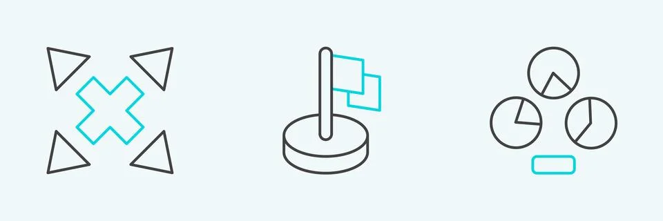 Set line Pie chart infographic, Many ways directional arrow and Flag icon Stock Illustration