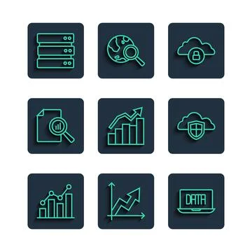 Set line Pie chart infographic, Financial growth, Data analysis, Cloud computing Illustrazione stock