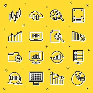 Set line Pie chart infographic, Server, Financial growth decrease, Search globe Stock Illustration