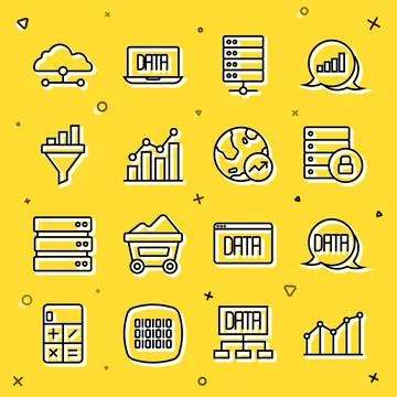 Set line Pie chart infographic, Data analysis, Server security with padlock Stock Illustration